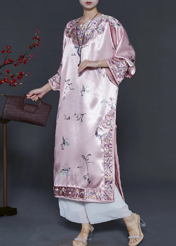 wool dressChinese Style Pink Print Side Open Silk Cheongsam Dress Spring