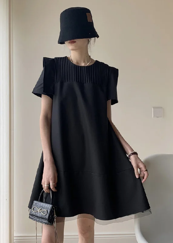 boho dressStyle Black O Neck Wrinkled Patchwork Cotton Mid Dresses Summer