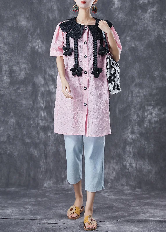 vintage-inspired dressModern Pink Jacquard Floral Cotton Shirt Dress Summer