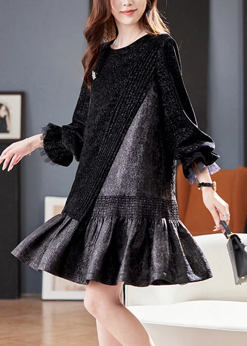 puff sleeve dressFrench Black Asymmetrical Patchwork Dresses Butterfly Sleeve