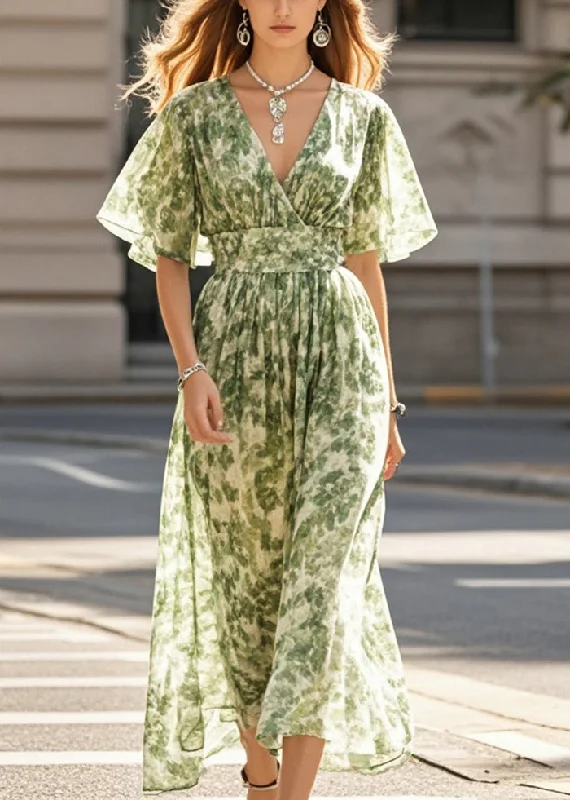 puff sleeve dressBoho Grass Green Print Chiffon Beach Dress Summer