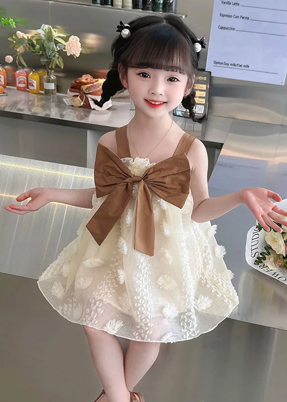 off-shoulder dressCoffee Patchwork Tulle Kids Girls Dress Ruffled Bow Sleeveless