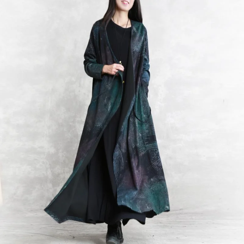 denim dressfine blue print fall dress trendy plus size v neck tie waist tunic caftans Fine long sleeve pockets maxi dresses