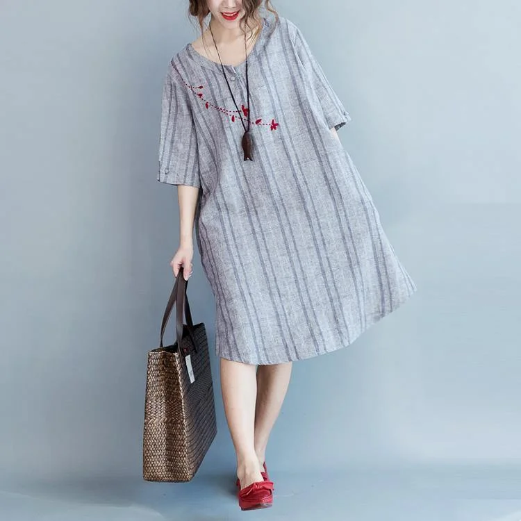 fitted cocktail dress2018 light gray Plaid cotton linen dresses casual half sleeve pockets women o neck embroidery cotton linen clothing dresses