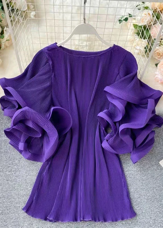 party-ready dressLoose Purple O-Neck Patchwork Chiffon Mini Dresses Butterfly Sleeve