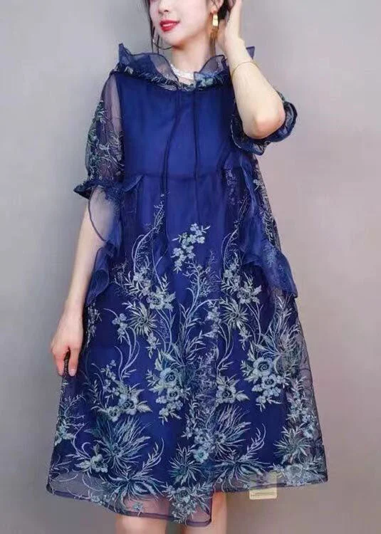 playful dressNatural Navy Hooded Ruffled Embroideried Patchwork Tulle Mid Dress Summer