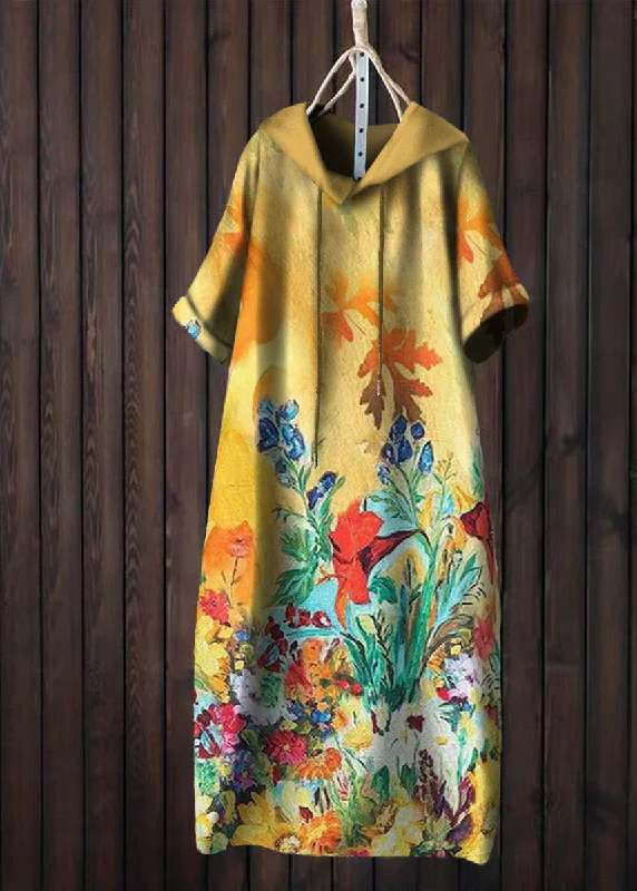 puff sleeve dressWomen Yellow Hooded Print Patchwork Cotton T Shirt Dress Summer