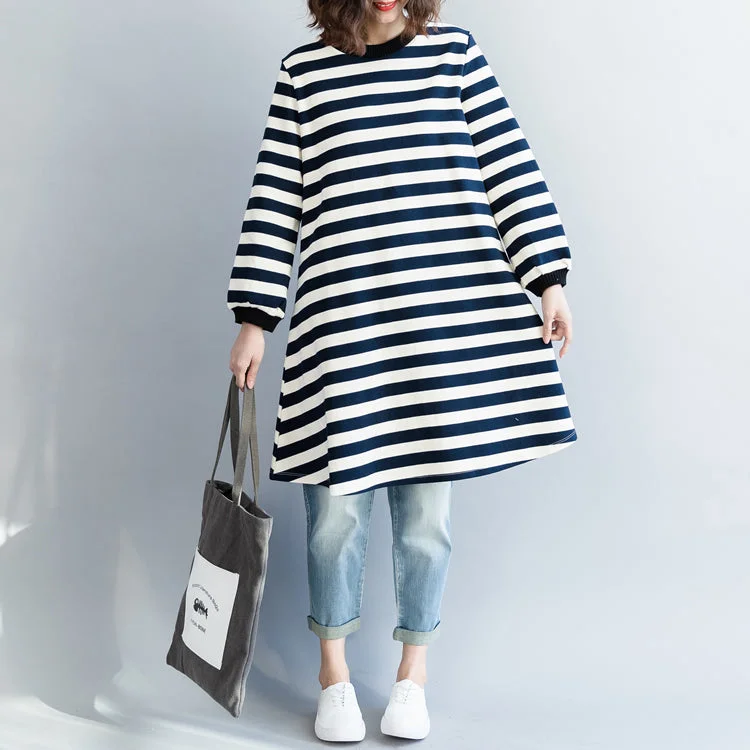 tiered dressModern blue white striped Cotton clothes For Women Korea Dresses spring o neck Dresses