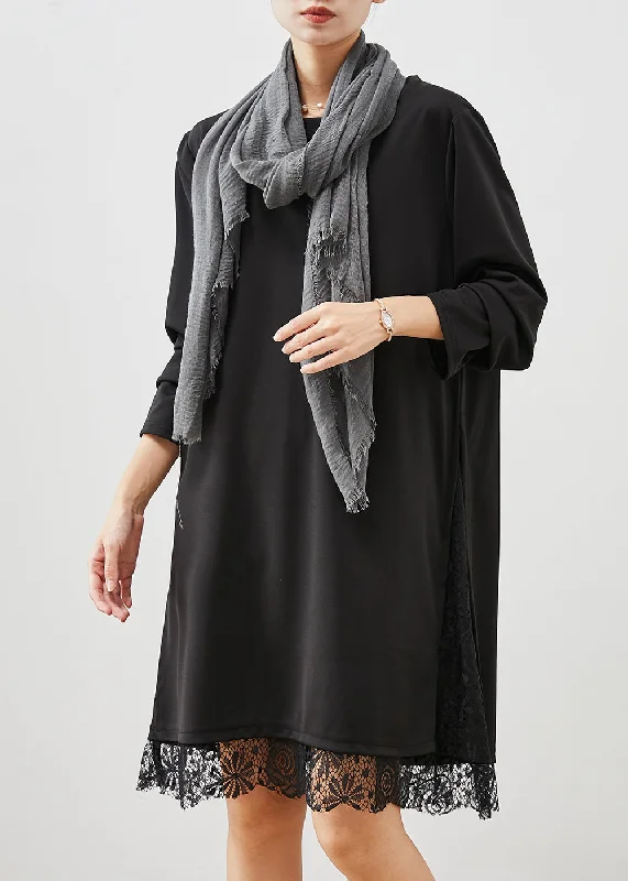 flowy dressHandmade Black Oversized Patchwork Lace Warm Fleece Dress Spring