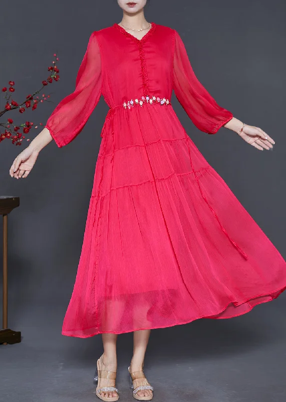 party dressClassy Red Ruffled Floral Silk Beach Dresses Spring