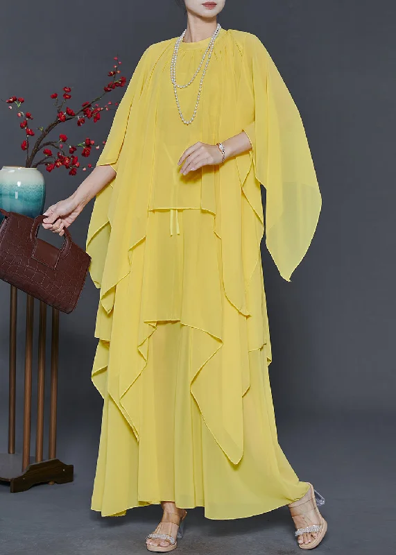 layered dressElegant Yellow Chiffon Long Dresses Asymmetrical Design Summer