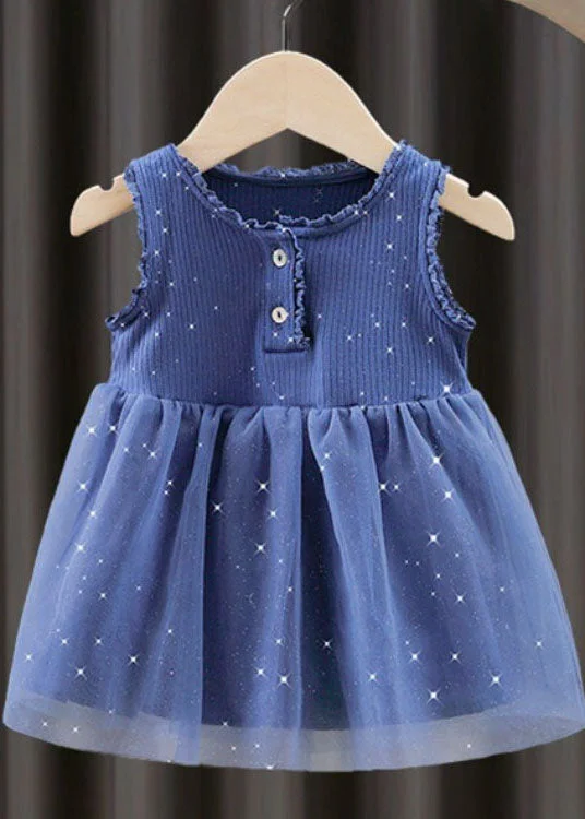 romantic dressUnique Blue Ruffled Button Patchwork Tulle Kids Girls Dresses Sleeveless