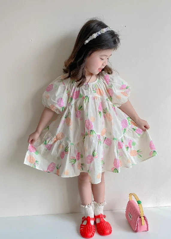 floral dressBoutique Beige Print Wrinkled Patchwork Cotton Kids Girls Dresses Summer