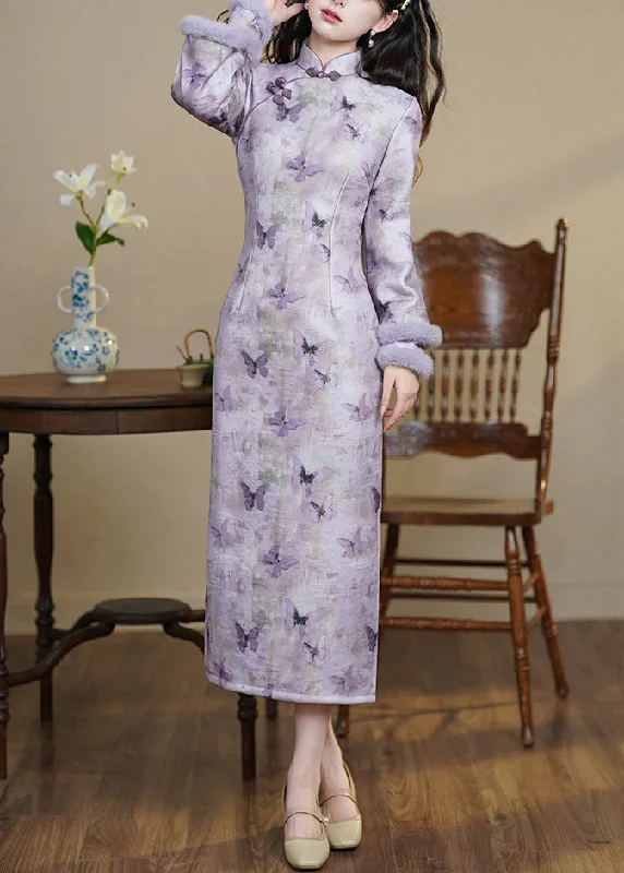 shift dressArt Purple Stand Collar Butterfly Side Open Warm Fleece Long Dresses Winter