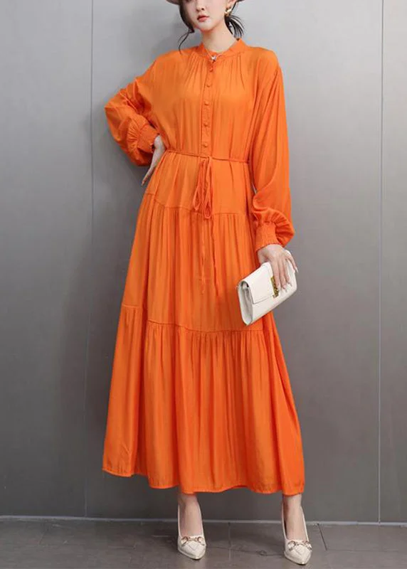 printed dressFine Orange O-Neck Patchwork Tie Waist Long Dresses Spring