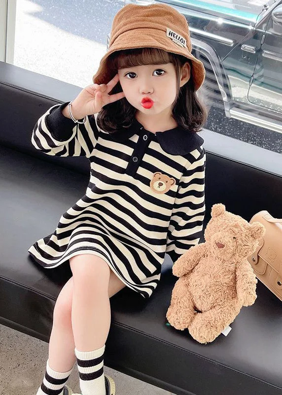 casual day dressCasual Black White Striped Peter Pan Collar Print Kids Mid Dress Fall