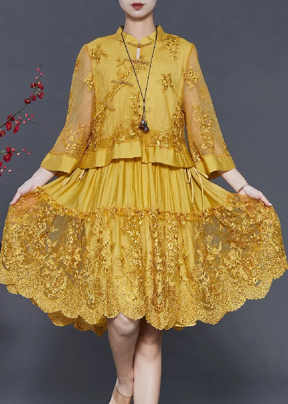 silk dressYellow Patchwork Tulle Dress Embroidered Chinese Button Spring