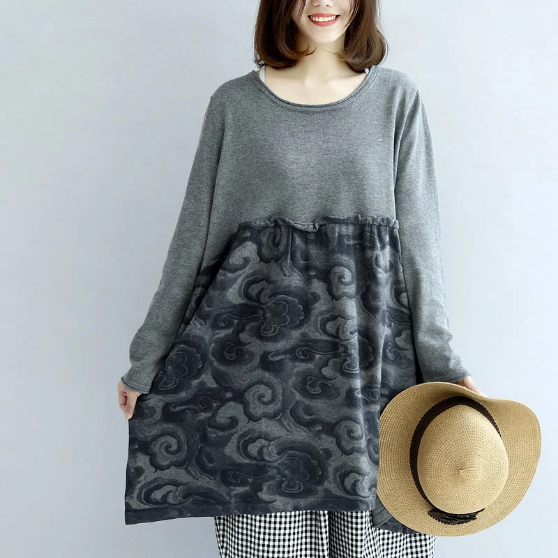 elegant maxi dressGray clouds print patchwork winter dresses plus size sweat dress cotton maternity clothing