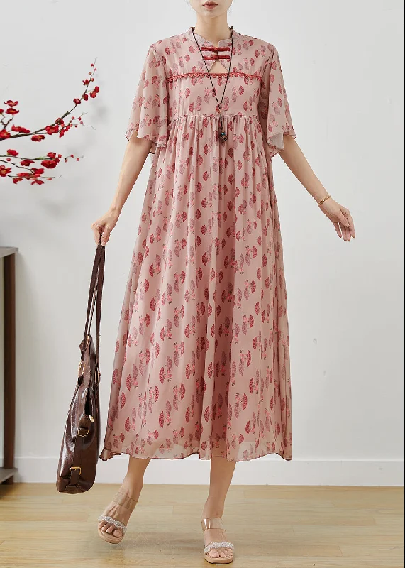 ruffle dressElegant Pink Chinese Button Print Chiffon Dress Summer