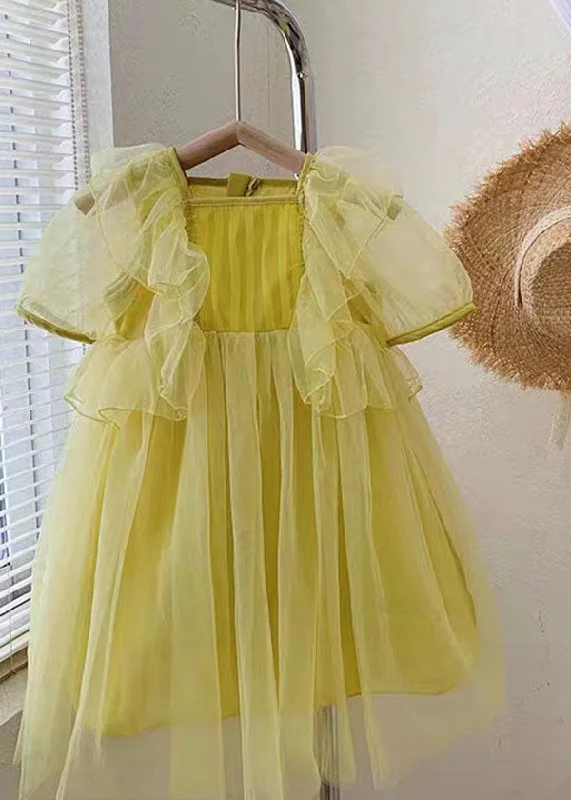 layered dressYellow Patchwork Tulle Baby Girls Princess Dresses Wrinkled Summer