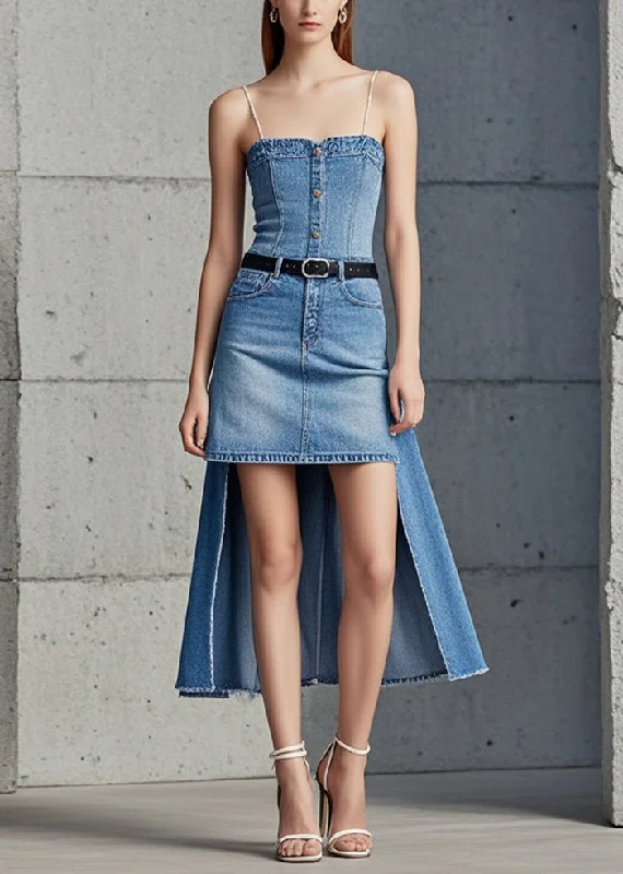 velvet dressSilm Fit Blue Asymmetrical Low High Design Denim Sundress Summer