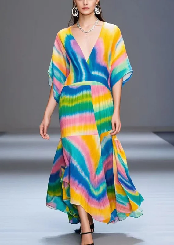 trendy wrap dressStyle Rainbow V Neck Tie Dye Chiffon Ankle Dress Batwing Sleeve