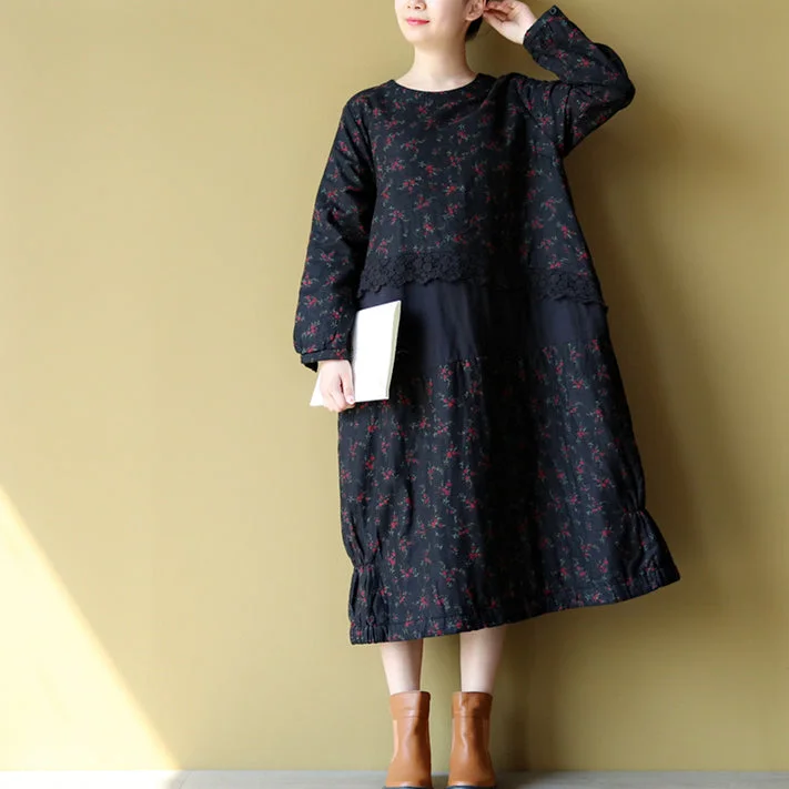 silk dress2024 winter warm embroidery floral cotton dresses oversize print patchwork linen thick maxi dress