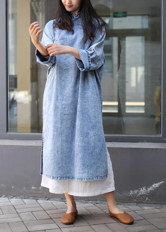 structured dressLoose denim blue Tunics stand collar side open Plus Size Dresses