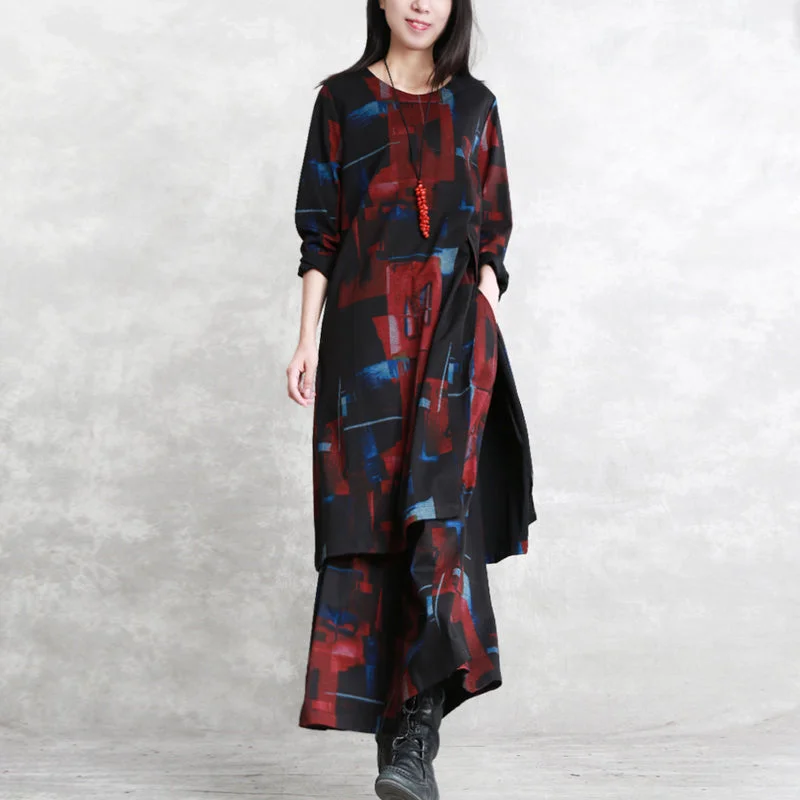 long sleeve dresswomen black red print pure cotton blended two picese plus size New long sleeve asymmetrical design o neck and baggy pants