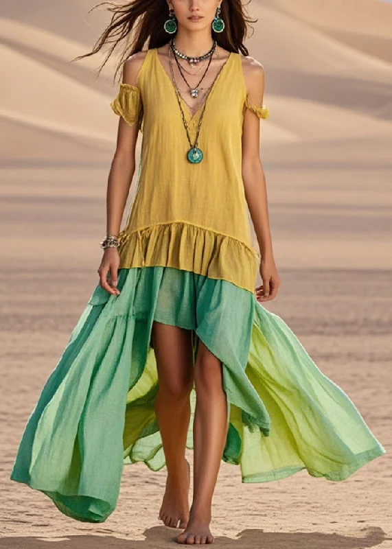 casual slip dressYellow Patchwork Cotton Maxi Dresses Cold Shoulder Asymmetrical Design Summer