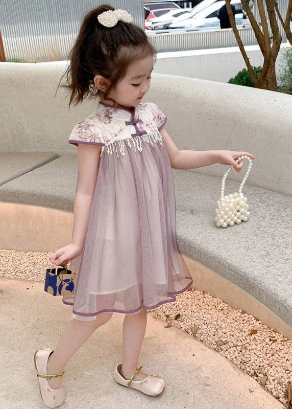 casual shift dressBoutique Purple Tasseled Bow Patchwork Tulle Kids Girls Dress Summer