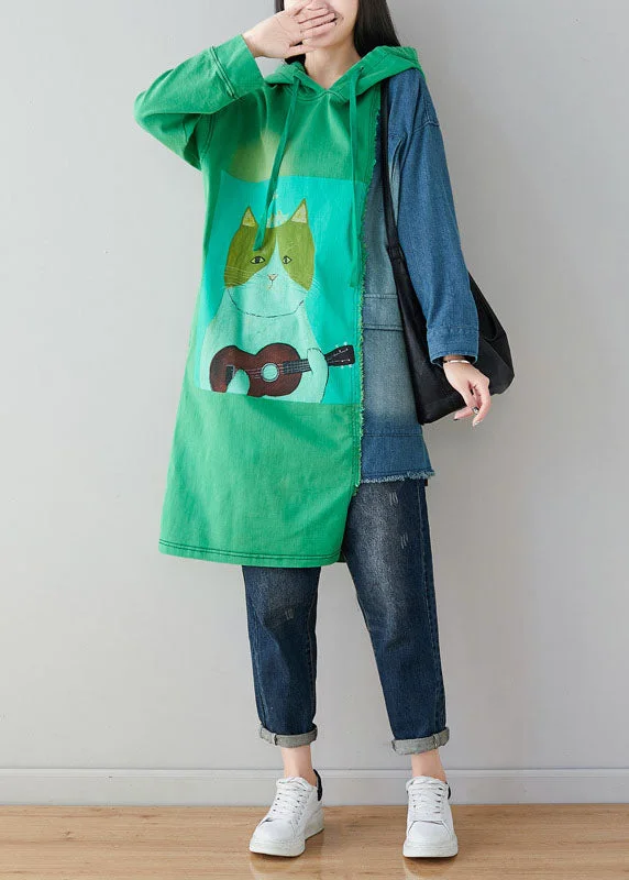 tiered dressGreen Patchwork Cotton Pullover Sweatshirt Dress Hooded Cartoon Print Spring