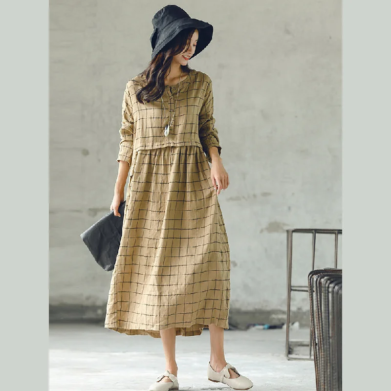 flowy dressNew plaid 2018 fall dress plus size O neck baggy caftans casual large hem linen dresses