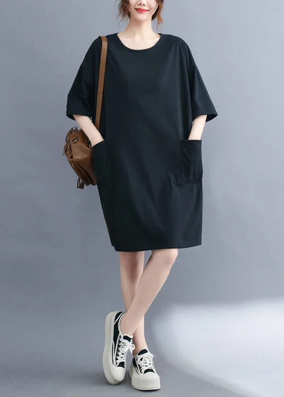 trendy bodycon dressClassy Black Oversized Pockets Cotton Mid Dress Summer