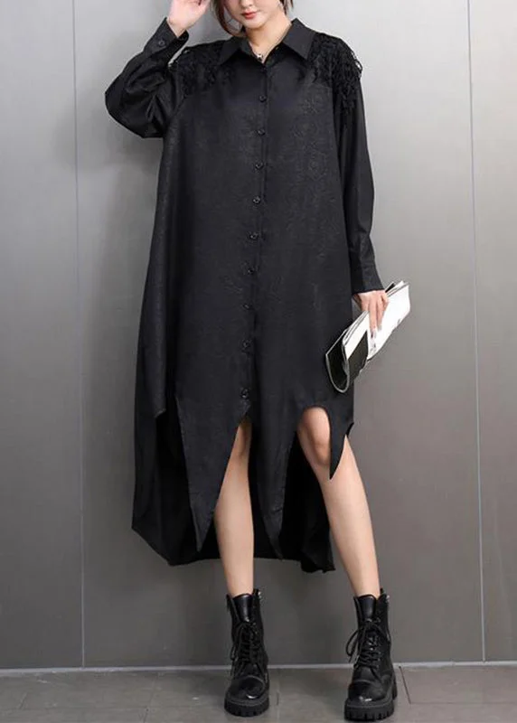 wool dressFashion Black Peter Pan Collar Asymmetrical Lace Patchwork Long Shirts Dress Spring