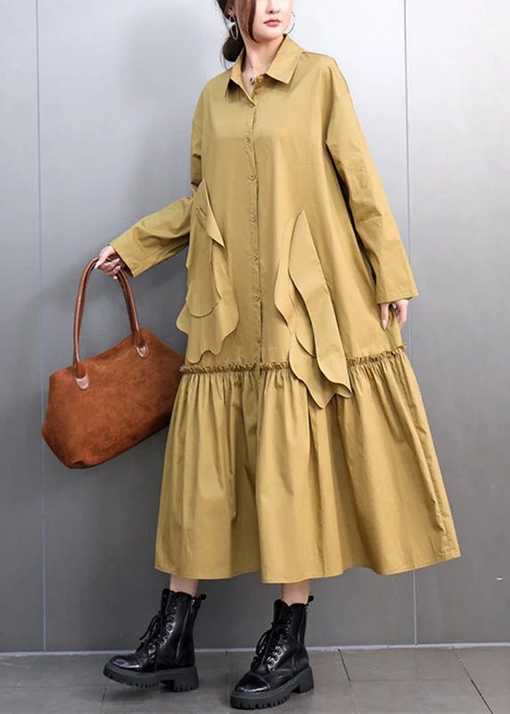 flowy evening dressChic Yellow Peter Pan Collar Pockets Long Shirts Dresses Spring