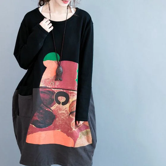 classic fit-and-flare dressoversize autumn winter prints cotton dresses black gray patchwork thick maternity dress