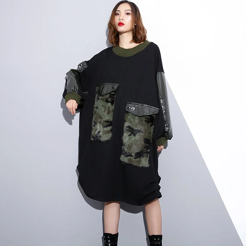 draped dresswomen black Loose fitting fall dresses patchwork fine O neck cotton dress