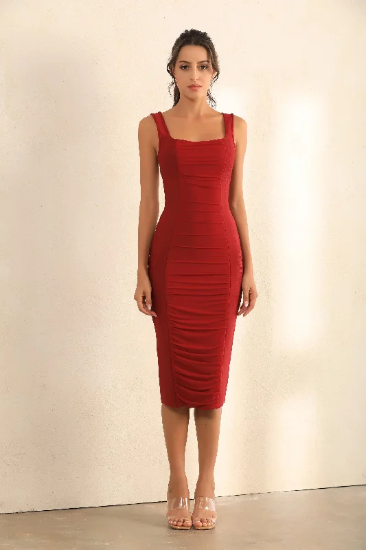 floral dressZip Back Ruched Bodycon Bandage Midi Dress In Red