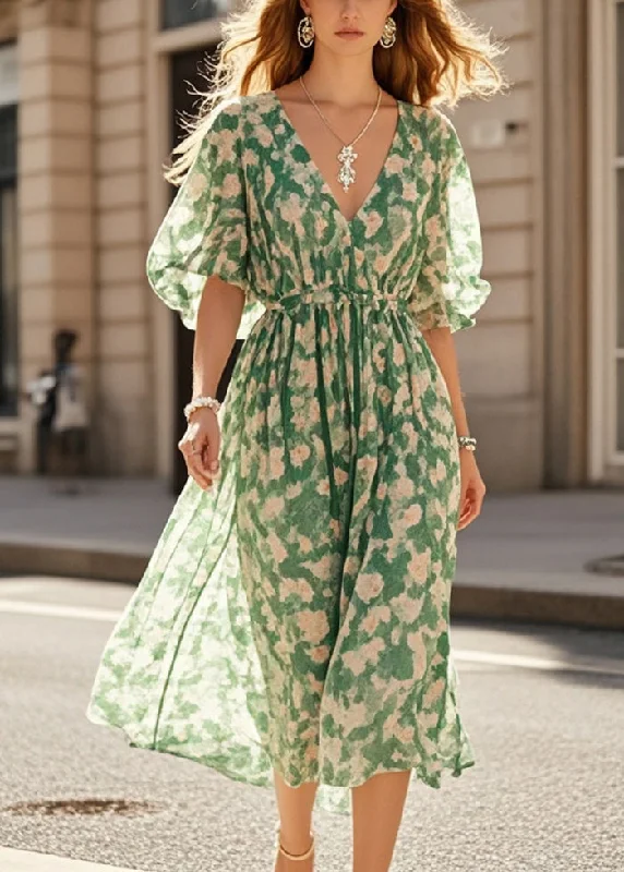 fitted bodycon dressPlus Size Green Cinched Print Chiffon Robe Dresses Summer