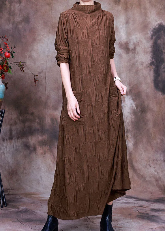 relaxed fit dressNatural Chocolate Turtle Neck Pockets Silk Dress Spring