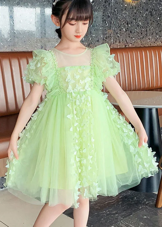 floral midi dressDIY Green Ruffled Butterfly Patchwork Tulle Kids Girls Mid Dress Summer