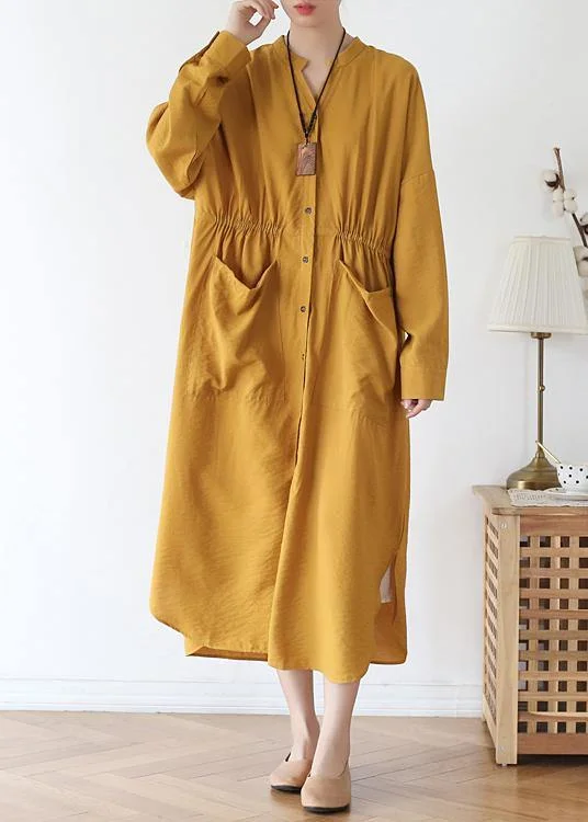 fitted cocktail dressVivid v neck pockets cotton spring tunic dress Sewing yellow Kaftan Dress