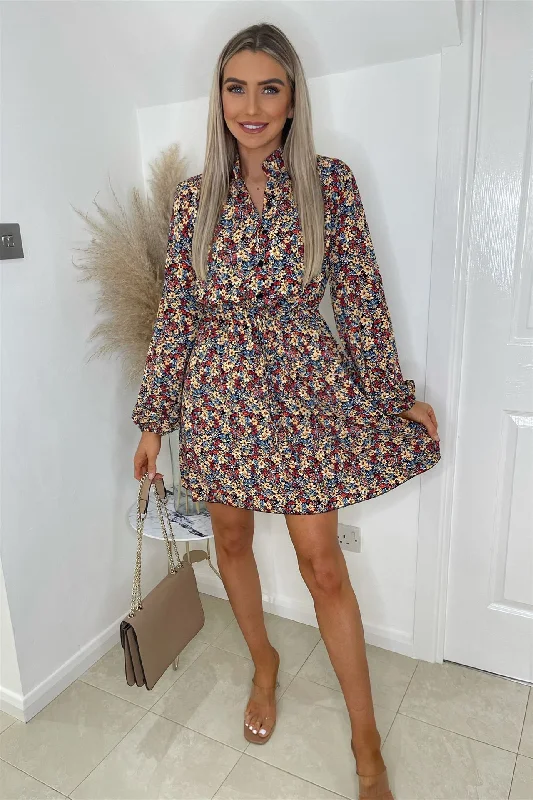 v-neck dressLong Sleeve Floral Print Tunic Dress