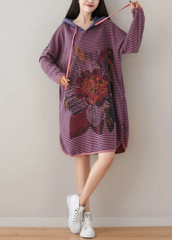 floral midi dressPlus Size Purple Hooded Striped Print Cotton Sweatshirt Dress Spring