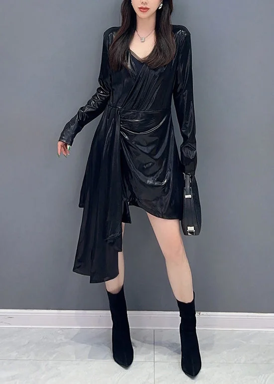 trendy dressBlack Solid Wrinkled Cotton Mid Dress V Neck Spring