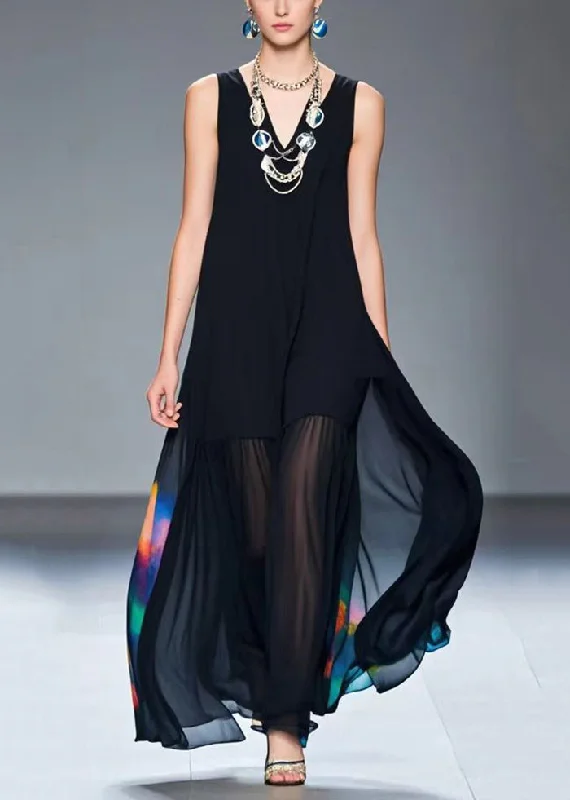 pleated dressArt Black V Neck Tie Dye Chiffon A Line Dresses Summer