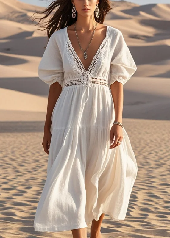 elegant maxi dressUnique White V Neck Hollow Out Cotton Maxi Dresses Summer