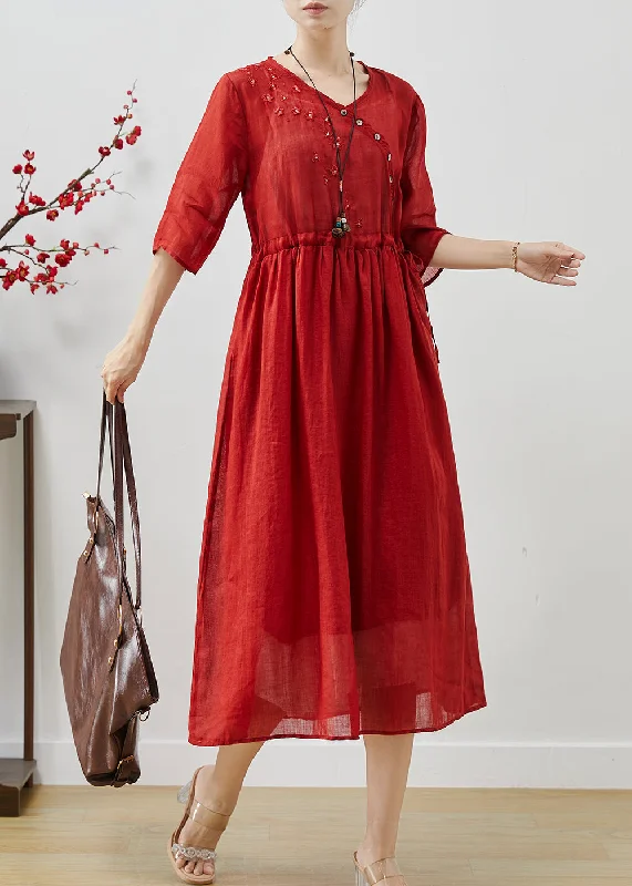 trendy dressVintage Red Embroidered Linen Cinched Dress Summer