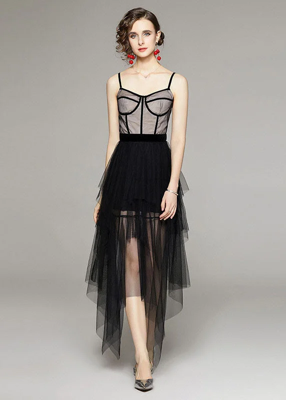 textured dressStyle Black Asymmetrical Patchwork Tulle Spaghetti Strap Dress Summer